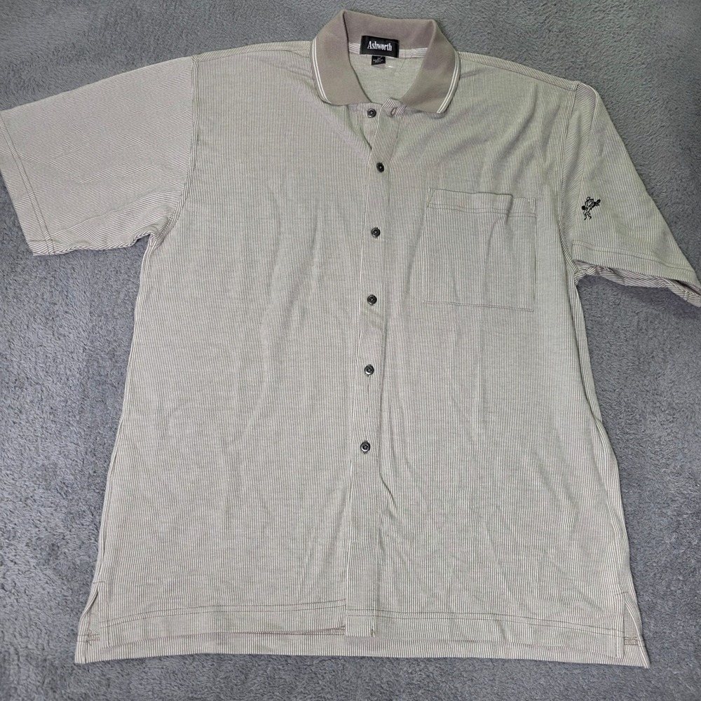 Ashworth Mens Large Button Down Shirt Tan White Micro Stripe Cotton Golf Polo
